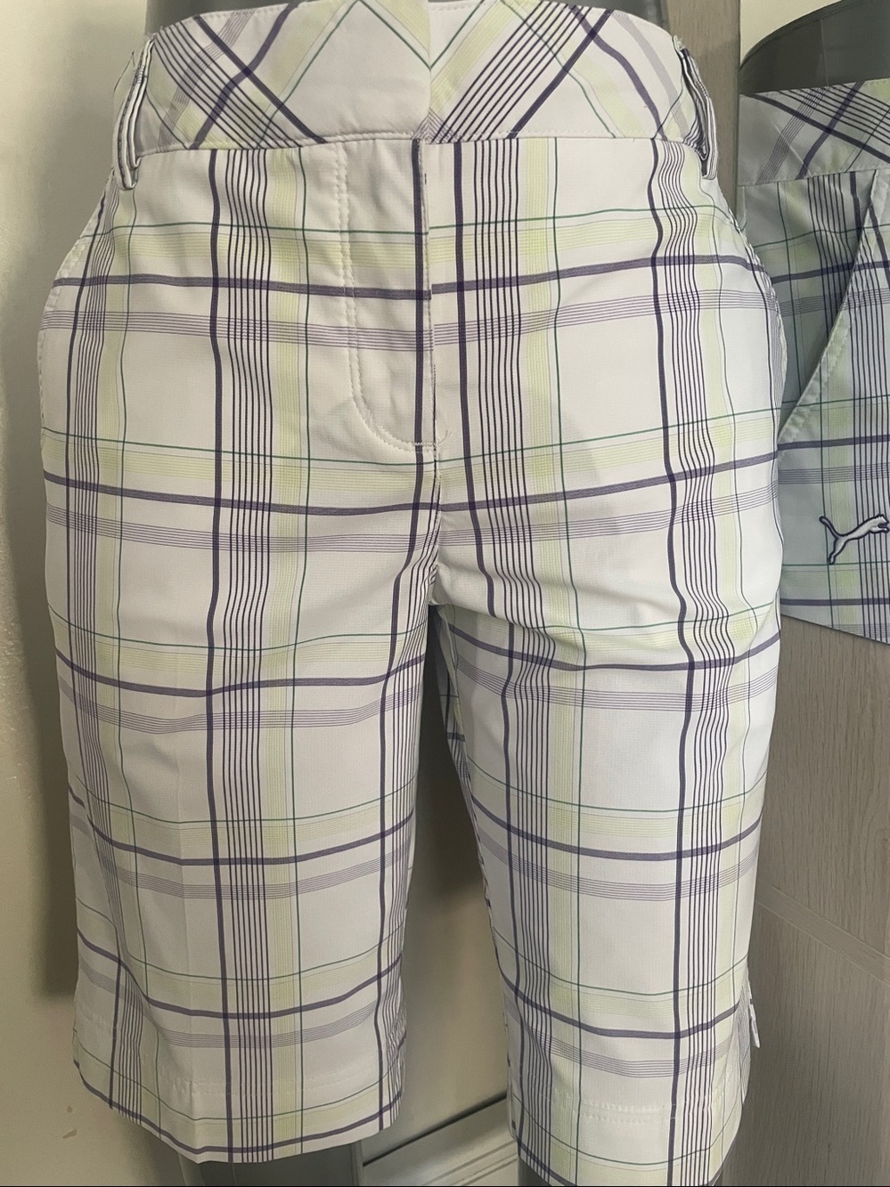 Plaid Women’s Puma Bermuda Shorts in White and Lavender